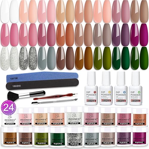 REDNEE Kit de iniciación de uñas en polvo de inmersión de 33 piezas, 24 colores franceses, color nude, rosa, gris, fórmula de alta pigmentación,