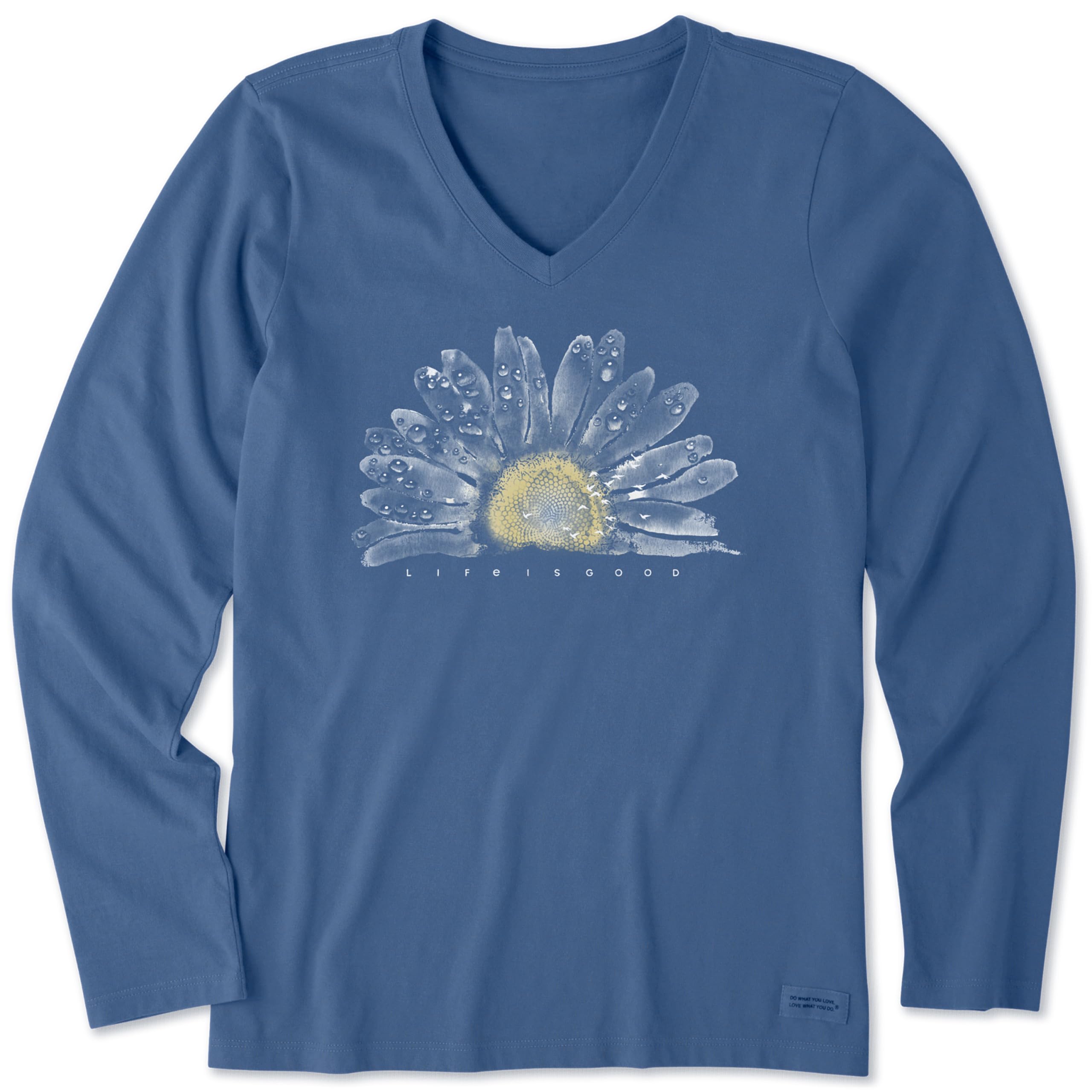 Life is Good Women's Standard Crusher T, Long Sleeve Cotton Graphic Tee Shirt, Watercolor Daisy, Vintage Blue
