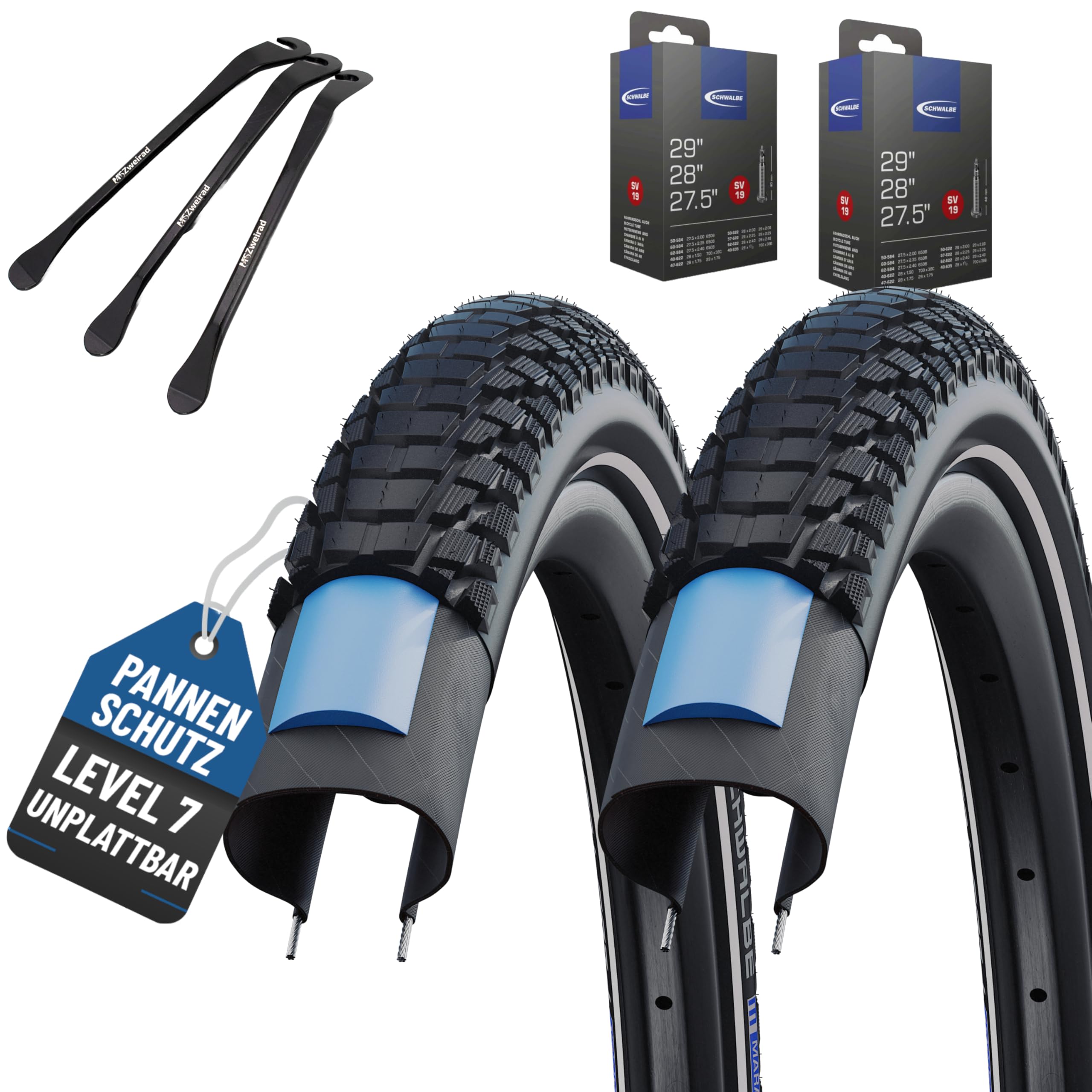 2er Set Schwalbe Fahrradreifen Marathon Plus Tour 2022 28 Zoll (47-622) Reflex AV DV SV Schlauch + 3 Reifenheber E Bike (28x1,75 Zoll (47-622), SV-Ventil Schläuche)