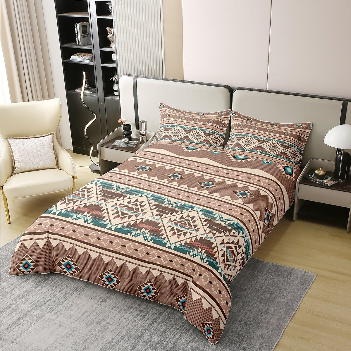 Homewish Western 100 Percent Cotton Duvet Cover Double,Aztec Bedding Set,Exotic Bohemian Native Indian Tribal Comforter Cover,Vintage Geometric Triangle Boho Bed Sets with 2 Pillowcases,Beige Brown - Image 2