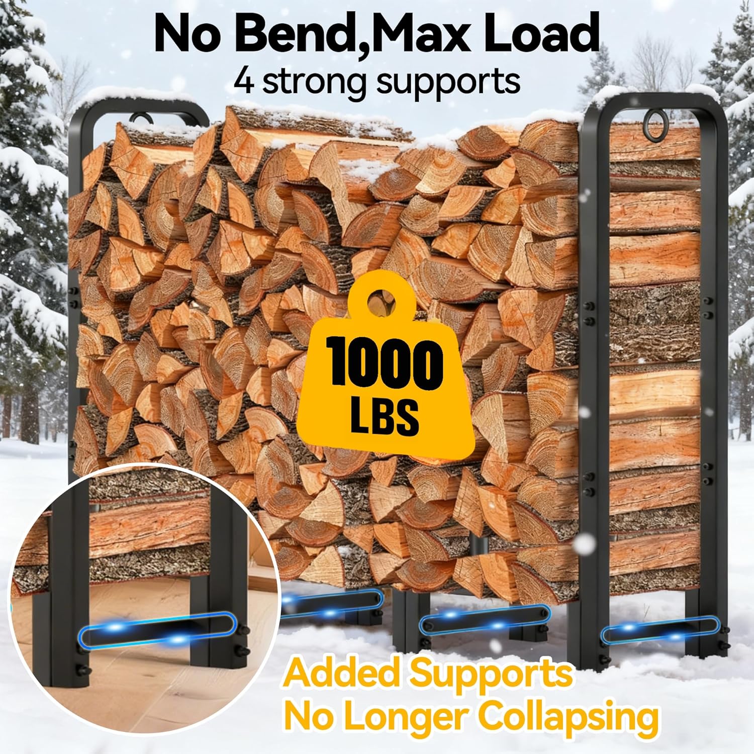 amagabeli firewood log rack outdoor 4ft heavy duty logs holder for fireplace indoor outdoor adjustable wood racks for fire wood holder metal pile stand storage stacker organizer black 4ft rack