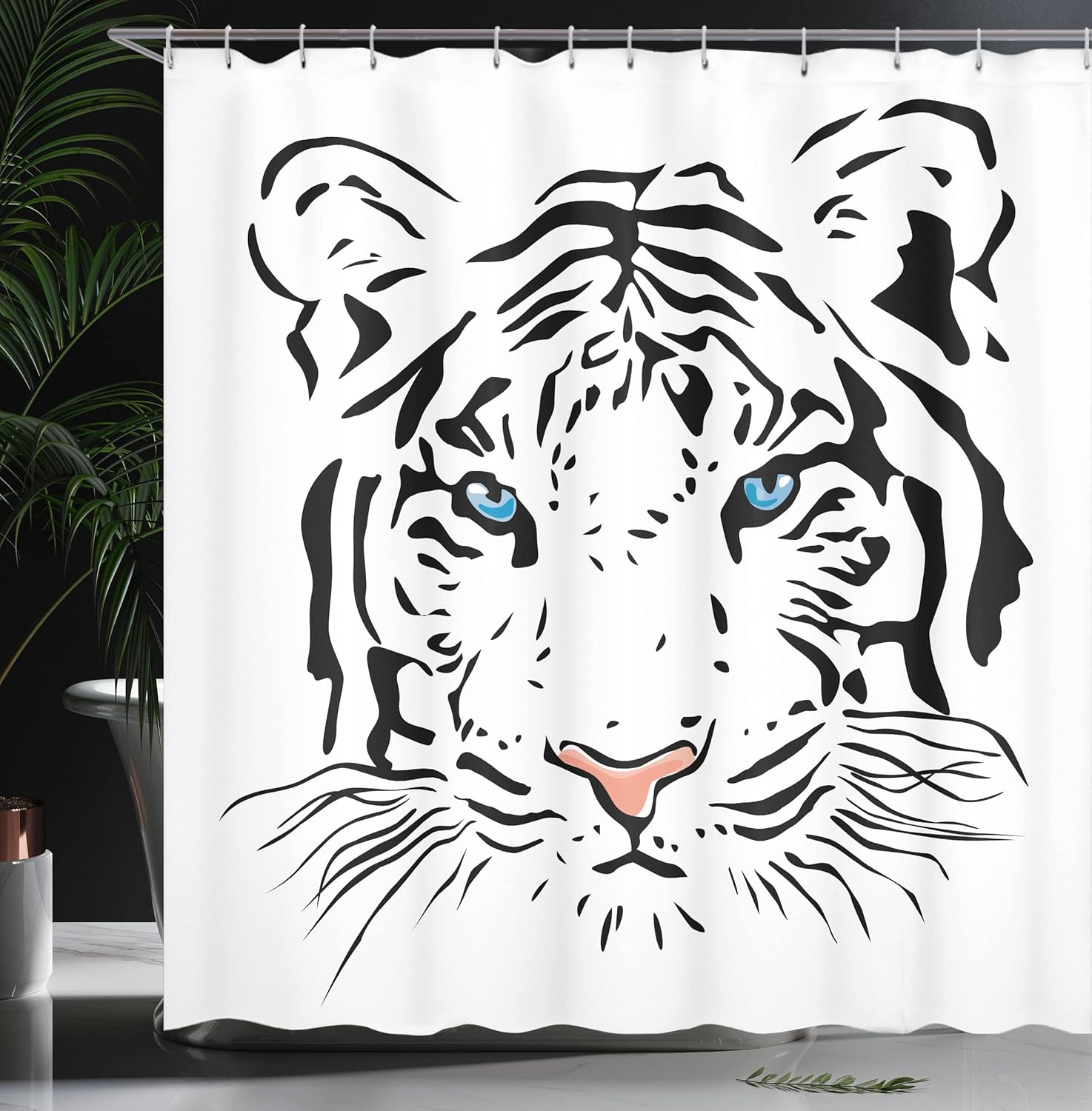 Ambesonne Tattoo Shower Curtain, Head of Magnificent Rare White Albino Tiger with Ocean Blue Eyes Image, Cloth Fabric Bathroom Decor Set with Hooks, 69" W x 84" L, White Black and Blue