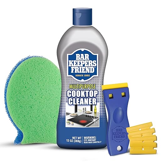 Bar Keepers Friend Cooktop Cleaner + Scraper + Dish Fish - Multipurpose Liquid Stovetop Cleanser, Safe for Use on Glass or Ceramic Cooking Surfaces, Copper, Brass, Chrome, Stainless Steel & Porcelain