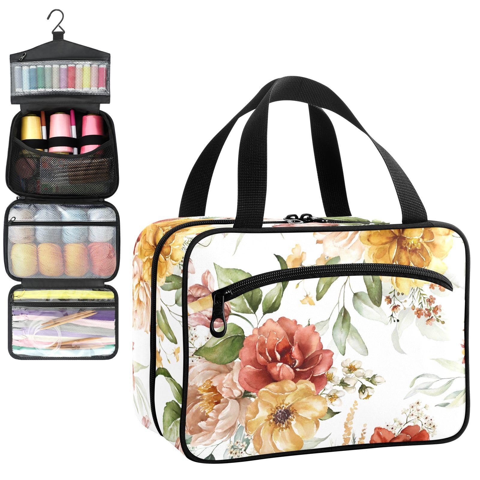 YNNALE Sewing Supply Organizer Bag, Camellia Flower Watercolor Red Yellow Floral Spring Summer Portable Sewing Bags with Pockets&Hanger, Sewing Storage Box Case for Sew Supplies/Kit/Tools/Accessories