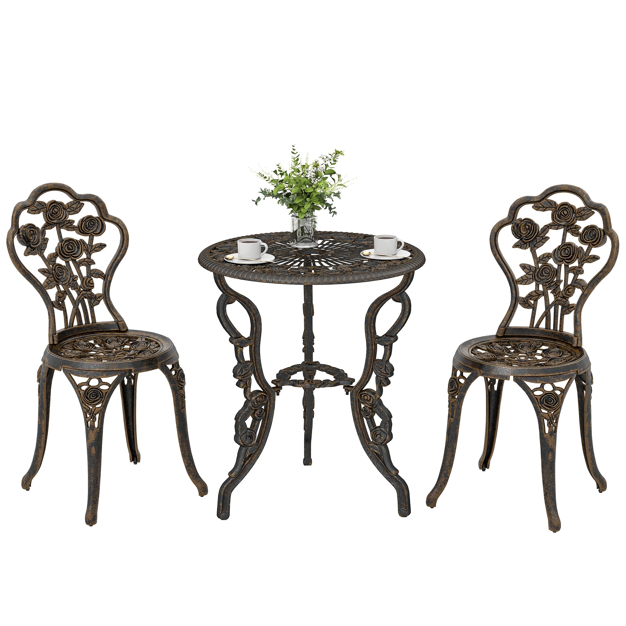 Outsunny 3 Pieces Outdoor Bistro Set, Vintage Patio Furniture Set with Round Table, Umbrella Hole and Chairs, for Garden, Balcony, Brown