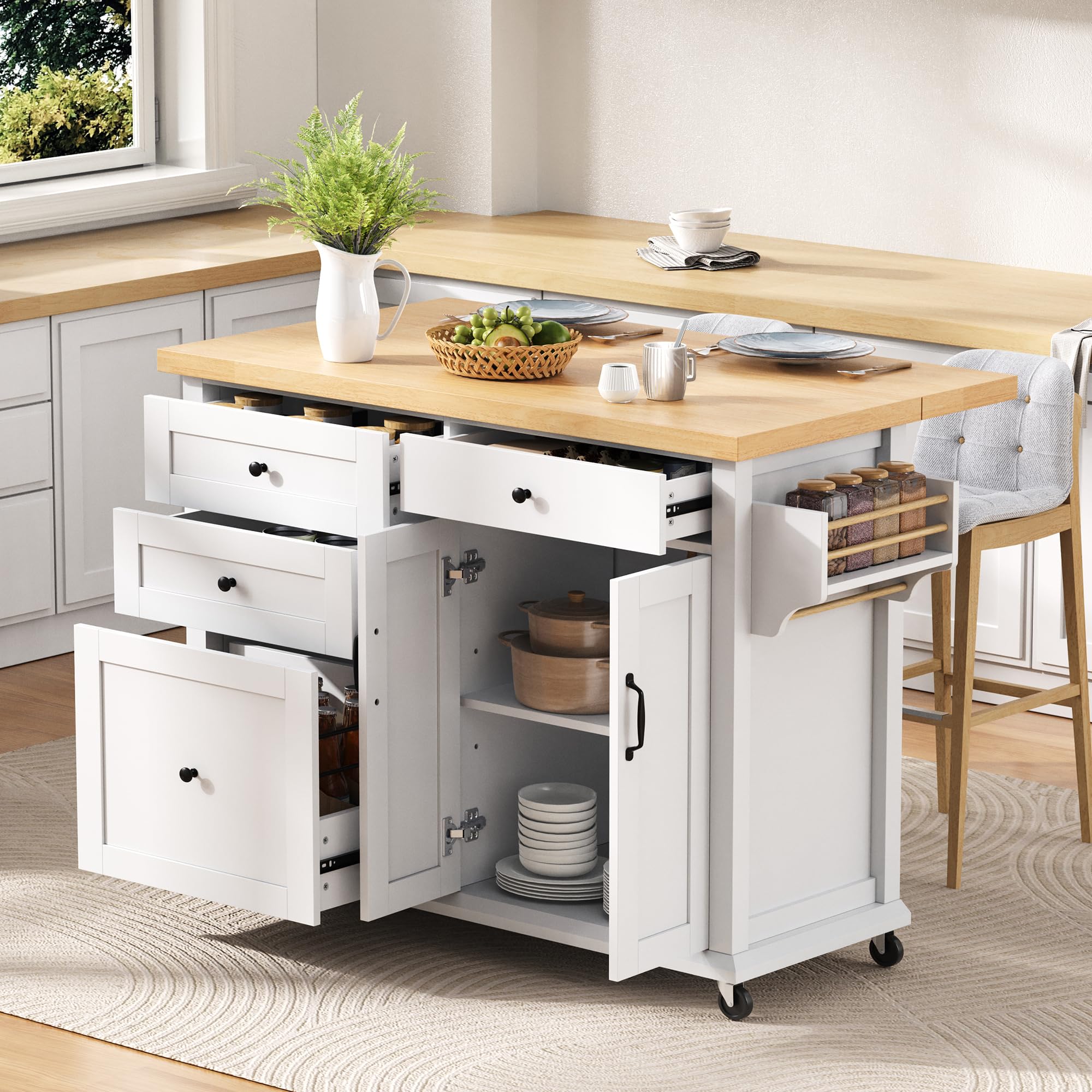 Kebnor Isla de cocina móvil con ruedas y mesa de comedor extensible, carrito de cocina con cajones multifunción, ideal para cocina y comedor (blanco)