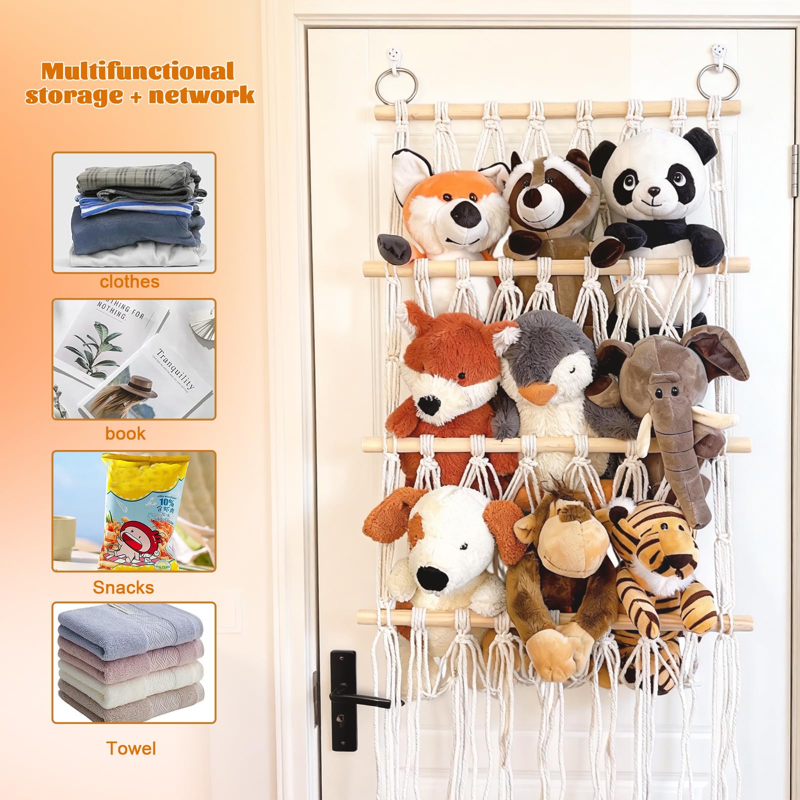 Amaca Portagiochi Angolare Per Peluche - Rete Organizer Con Ganci Adesivi, 120x48 Cm - 3