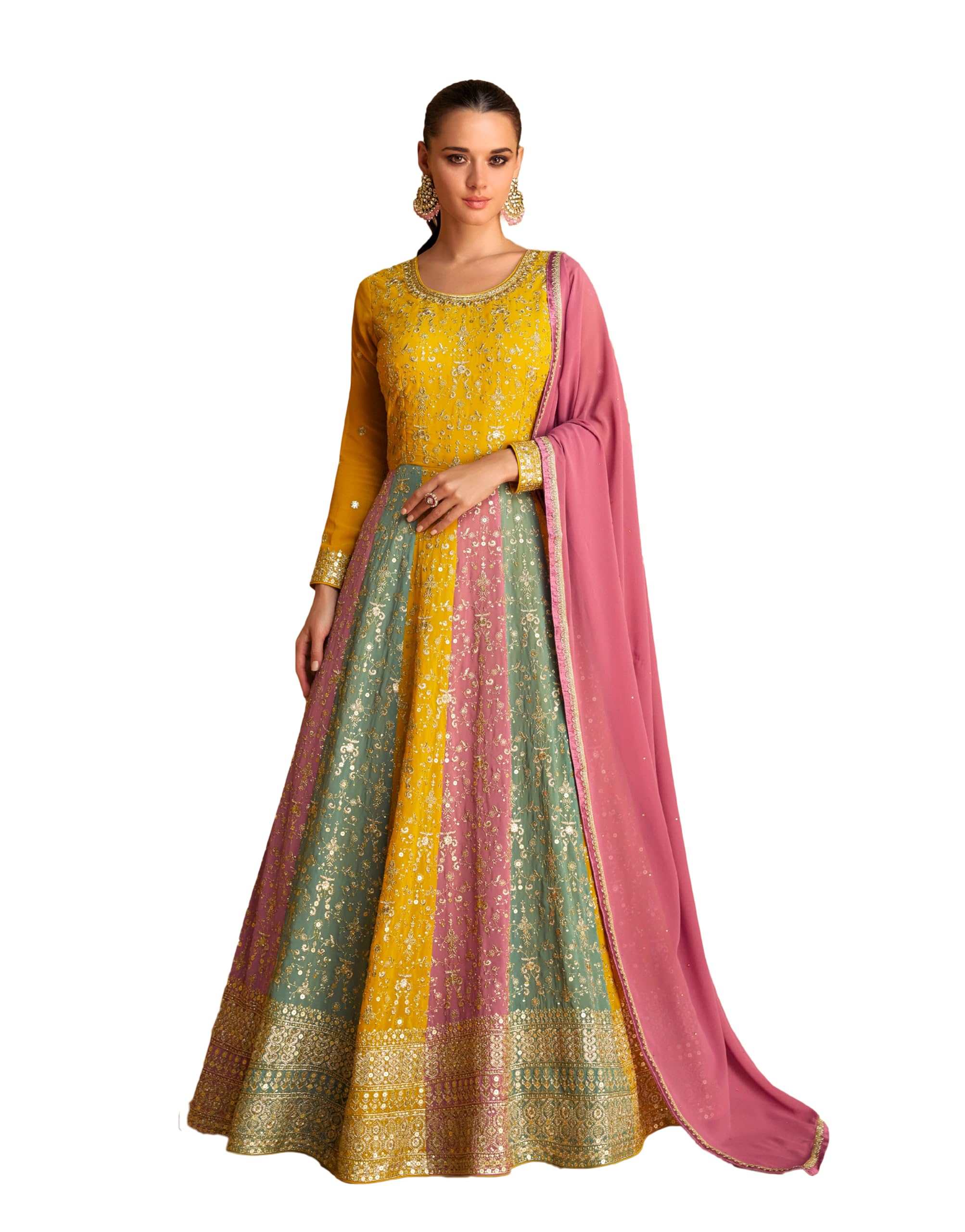 Miss Ethnik Women's Yellow Faux Georgette Stitched Top with Dupatta Full Sleeve Embroidered Anarkali Gown (ME-1183)