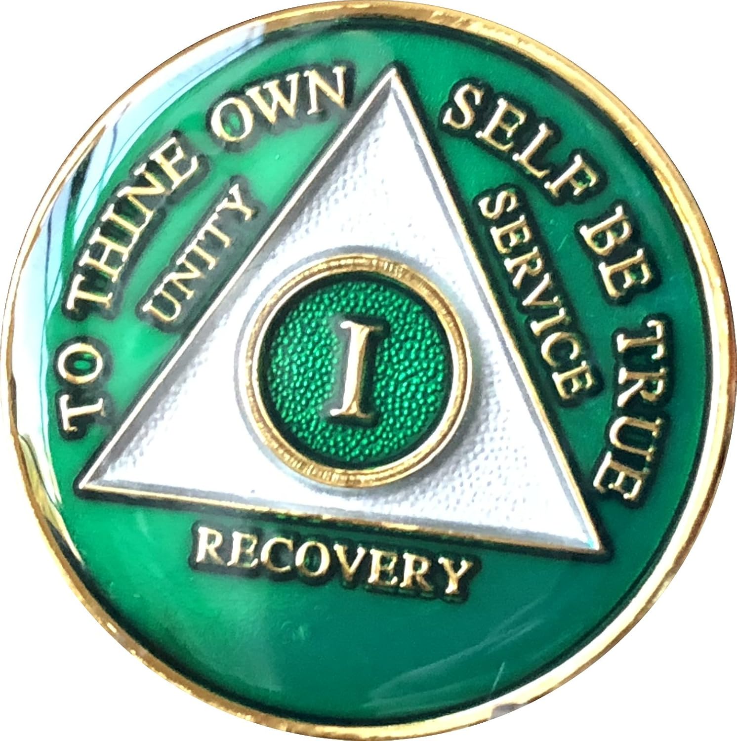 Recovery Mint 1 Year AA Medallion Metallic Green Tri-Plate Gold Plated Chip