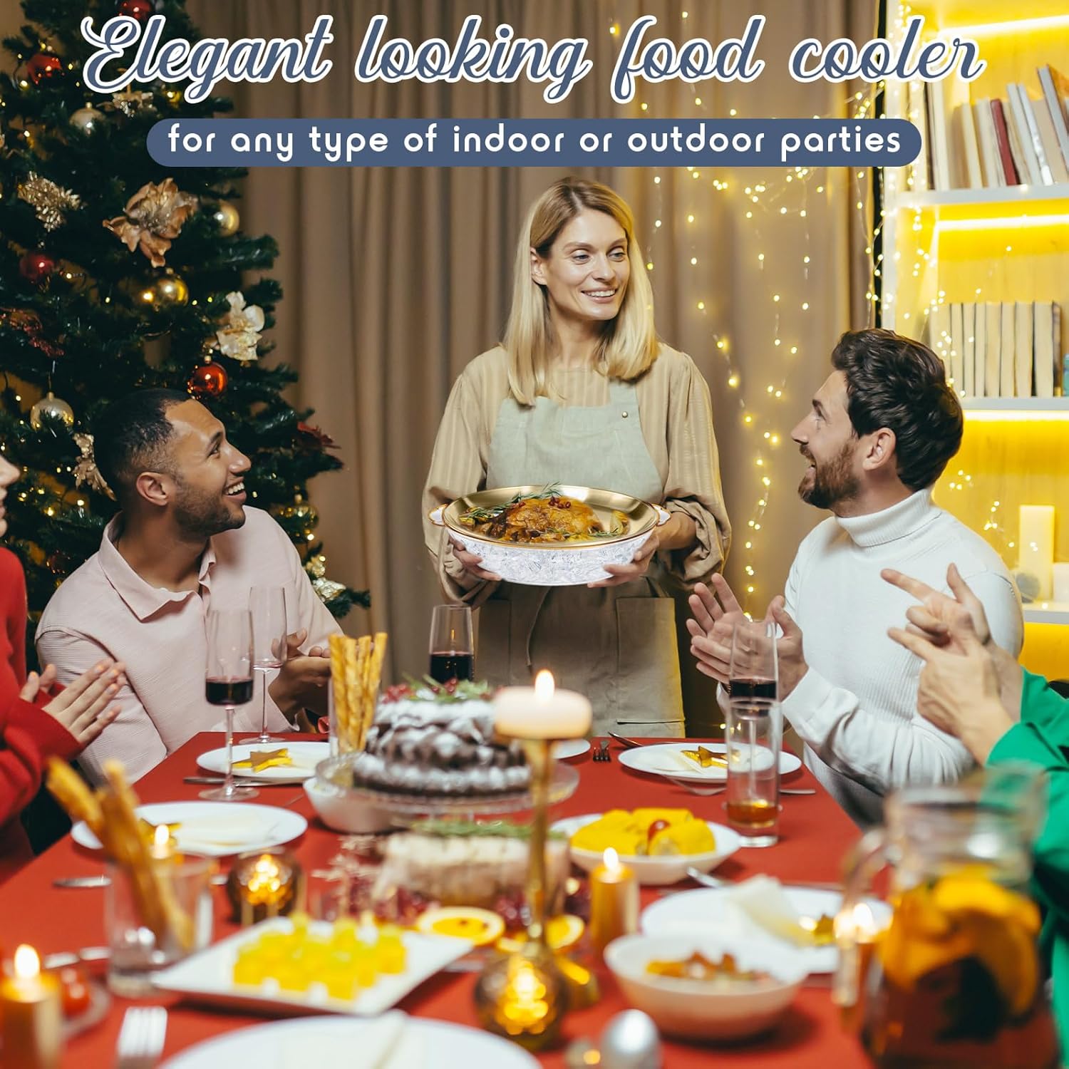 Baderke 4 Sets 11.8" Chilled Serving Tray for Parties Round Iced Platter with Ice Underneath Stainless Steel Clip Fruit Fork Shrimp Cocktail Serving Dish for Oysters Crawfish Fruits (Gold)