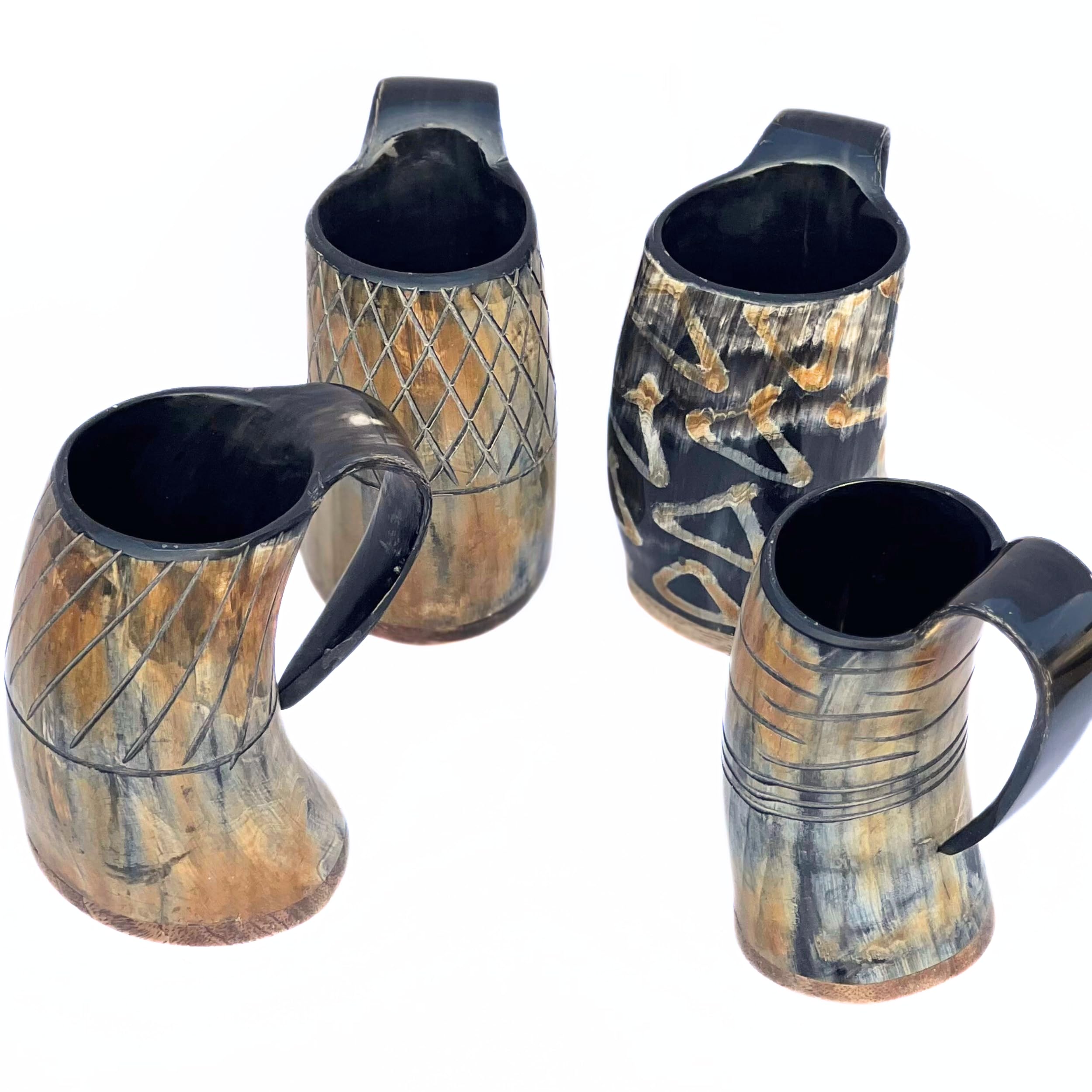 Set of 4 Viking Drinking Horn Mugs – Handcrafted Natural Ox Horn Tankards with Wooden Base | Food-Grade Lined Mead, Ale & Beer Mugs | Authentic Medieval Norse Decor & Collectible Gift