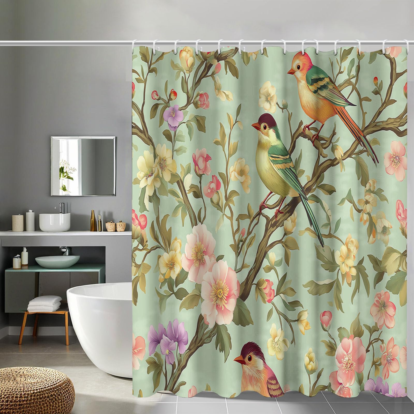 Rideau de douche vert sauge lavable 180x200 pour salle de bain fleurie