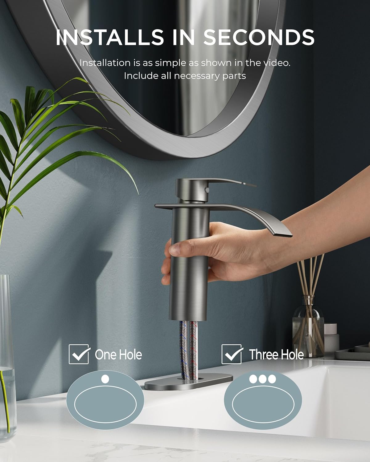 Brushed Nickel Single-Handle Waterfall Bathroom Faucet with Drain
