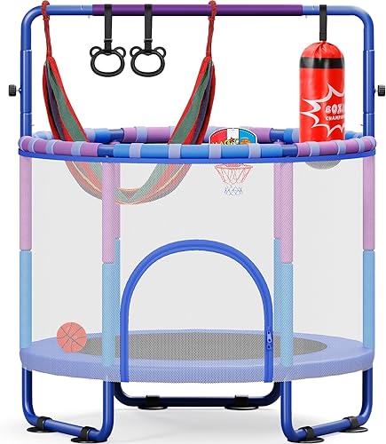 Trampolín de 55 pulgadas para niños con recinto, cama elástica 6 en 1 para interiores y exteriores, tubo antioxidante completo mejorado con barras