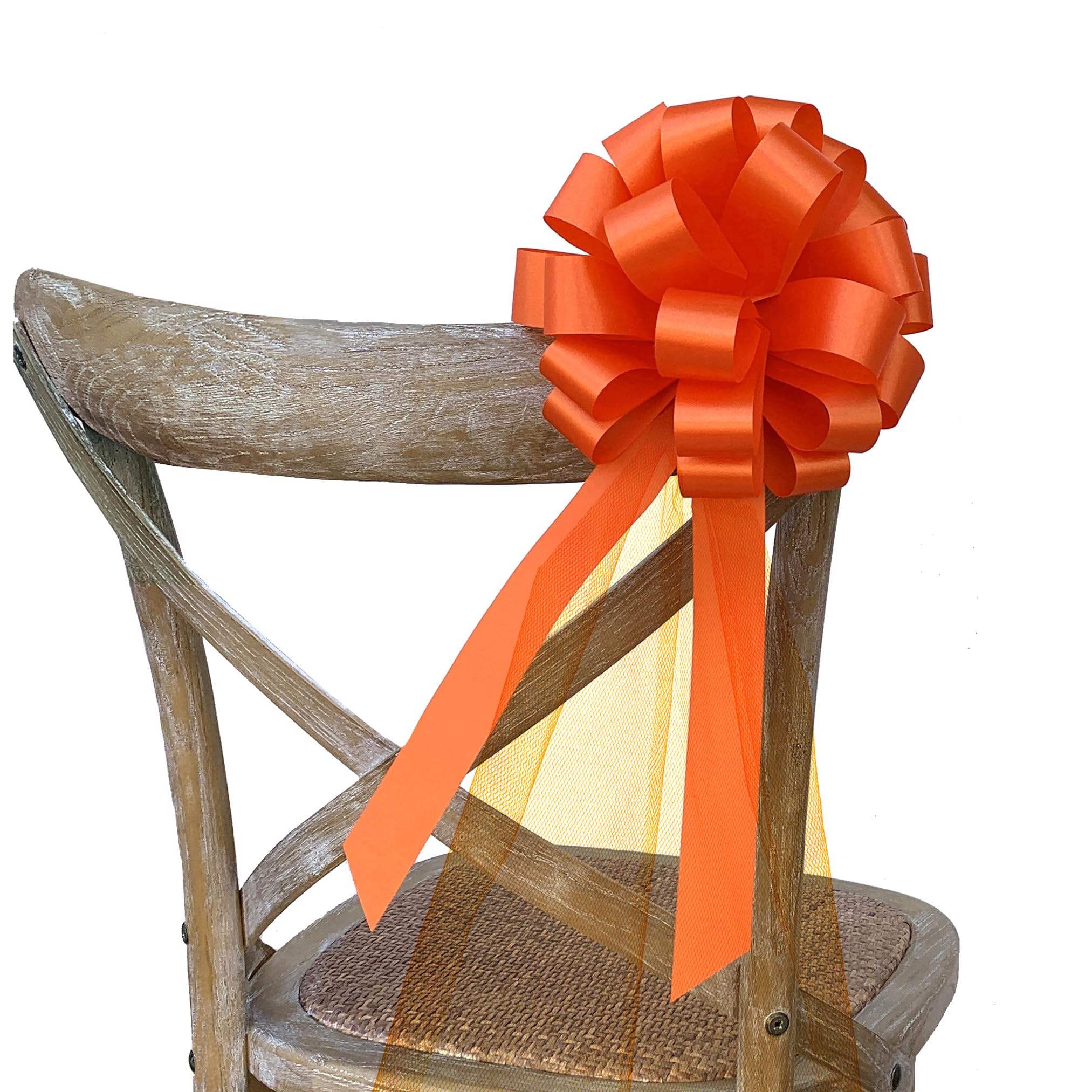 Orange Wedding Pull Bows with Tulle Tails - 8" Wide, Set of 6, Halloween, Thanksgiving, Fall, Summer, Wedding, Reception, Anniversary, Easter, Spring