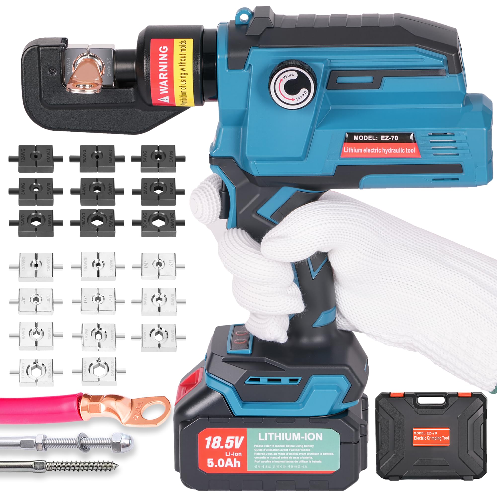 EZ400 Upgraded Electric Hydraulic Cable Lug Crimping Machine 12 ton Rechargeable Terminal Cable Pliers 8AWG-750 kcmil LCD Display with 13 Dies 2 Batteries 18V (12AWG~00AWG)