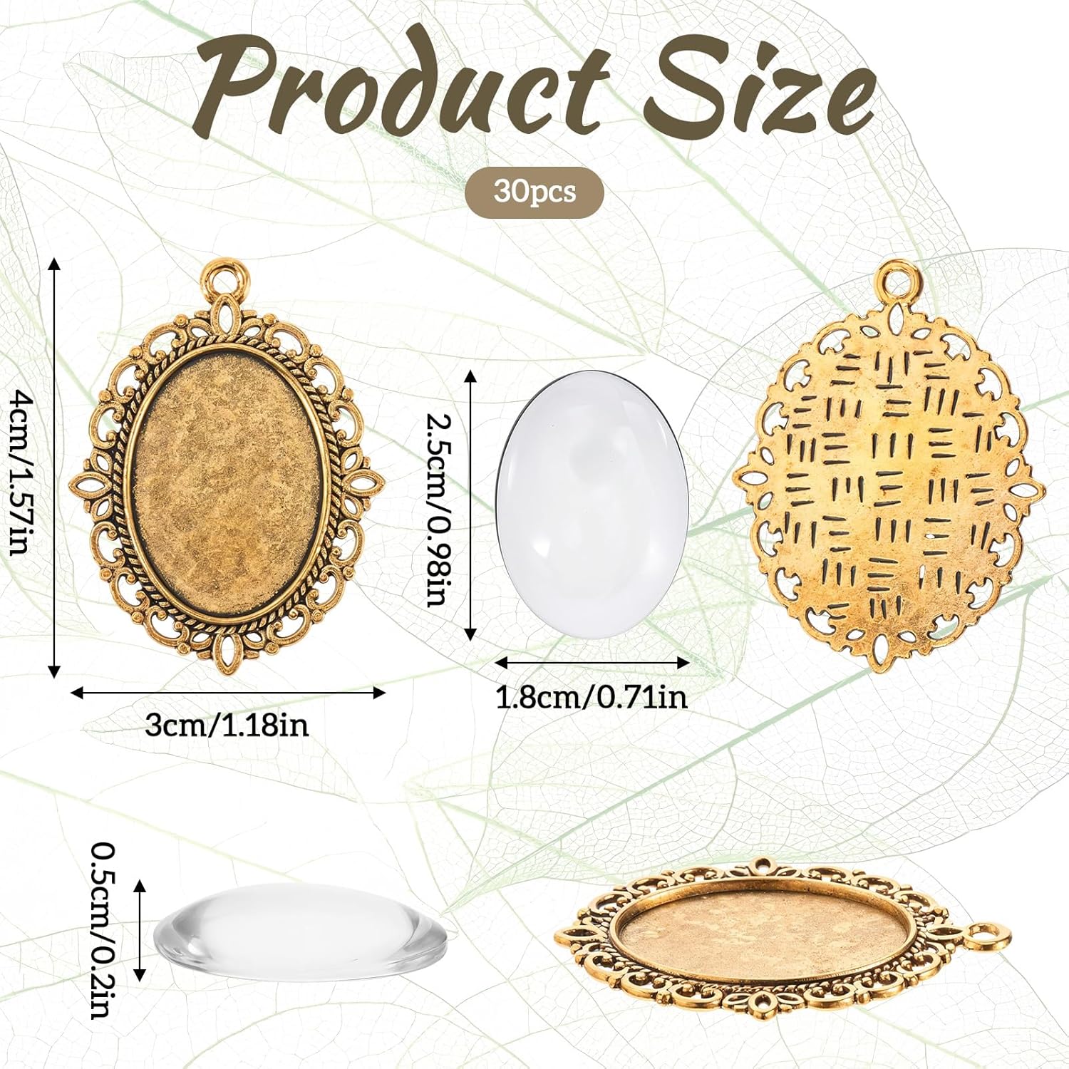 30 Pcs Pendant Tray Kit, 15 Pcs 30 x 40 mm Oval Bezel Blank Pendant Trays Base, 15 Pcs Transparent Glass Cabochons, Cameo Pendants for DIY Bridal Bouquet Photo Pendants Memorial Jewelry Making Necklace - Image 2