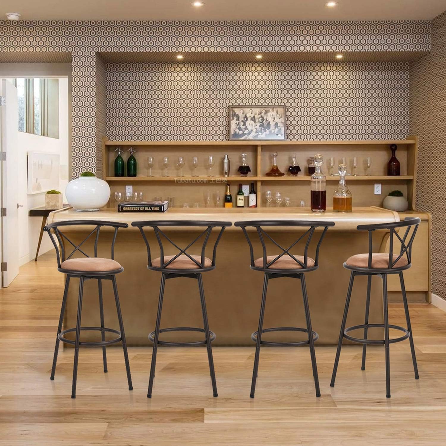 MEUBLE COSY Lot de 2 Chaises de Bar pivotant sur 360°, Tabourets Hauts Vintage, avec Dossier et Repose-Pieds, Siège de 75,5 cm de Haut, Style Industriel, Marron Rustique et Noir