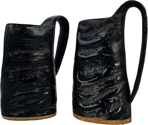 Miniatura 2 de Juego de 2 tazas de cuerno vikingo, 100% auténtica jarra medieval de cuerno de cerveza con superficie de madera, taza de cuerno vikingos de 16
