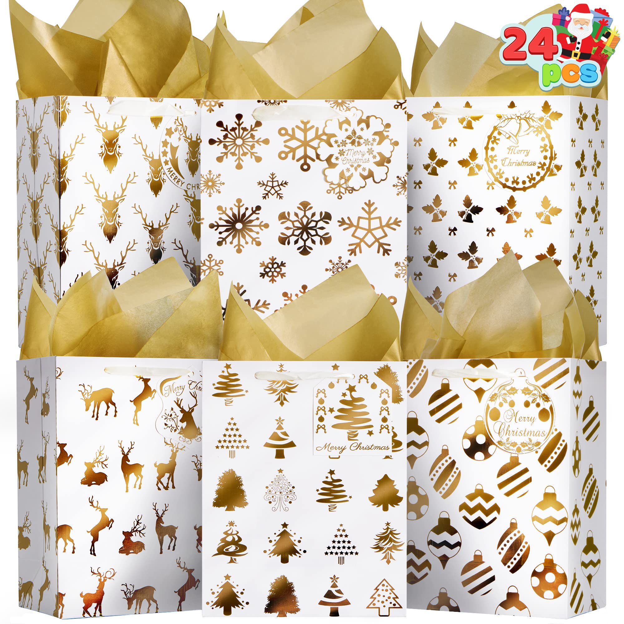 JOYIN 24 Pcs Weihnachten Folie Gold Geschenk-Taschen, Xmas Metallic-Taschen Mit Seidenpapier Und Name Karte Tags Für Verpackung, Hochzeit, Party Favor, Dekoration