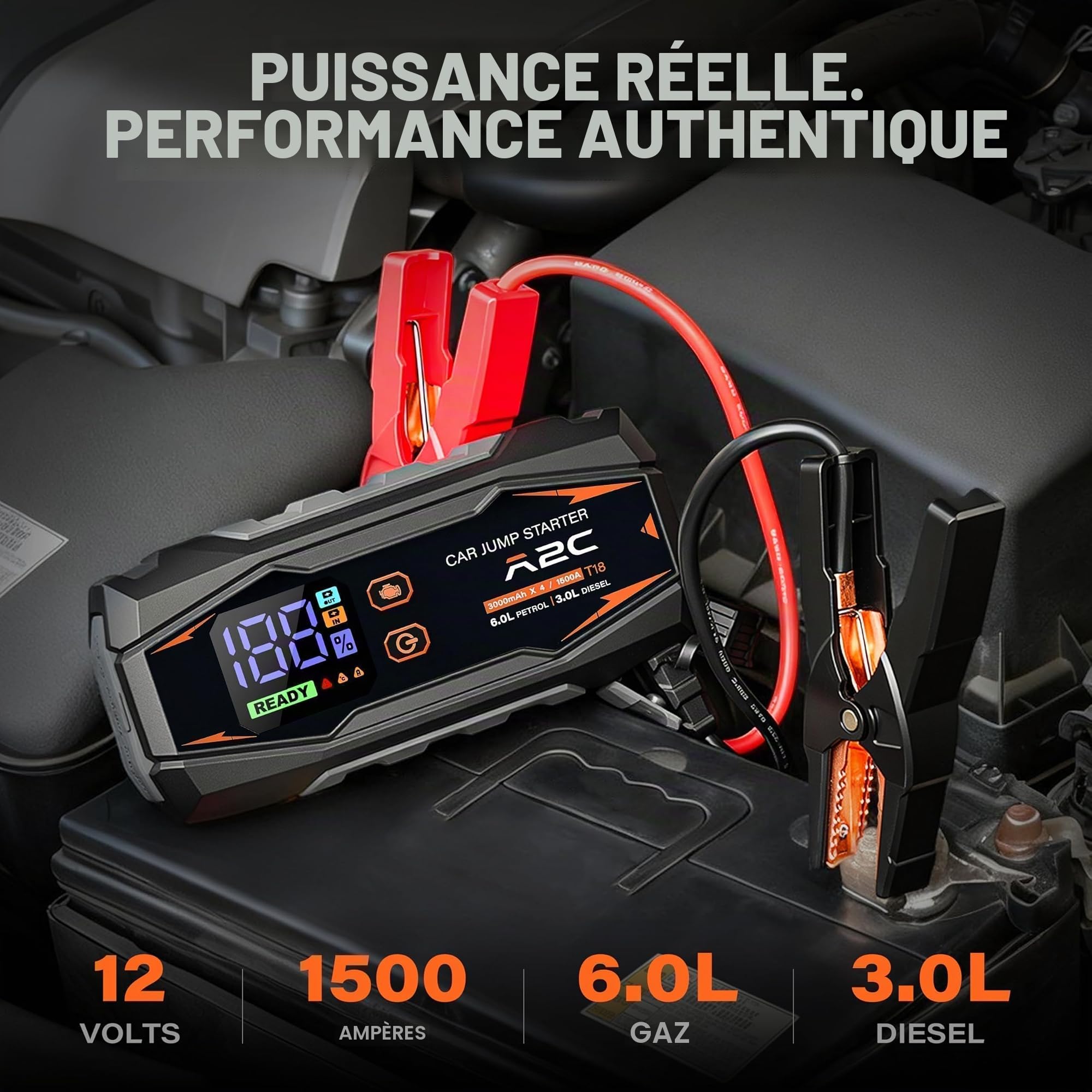 A2C Booster Batterie 1500A, Power Bank 16800mAh pour Essence 6L/Diesel 3L