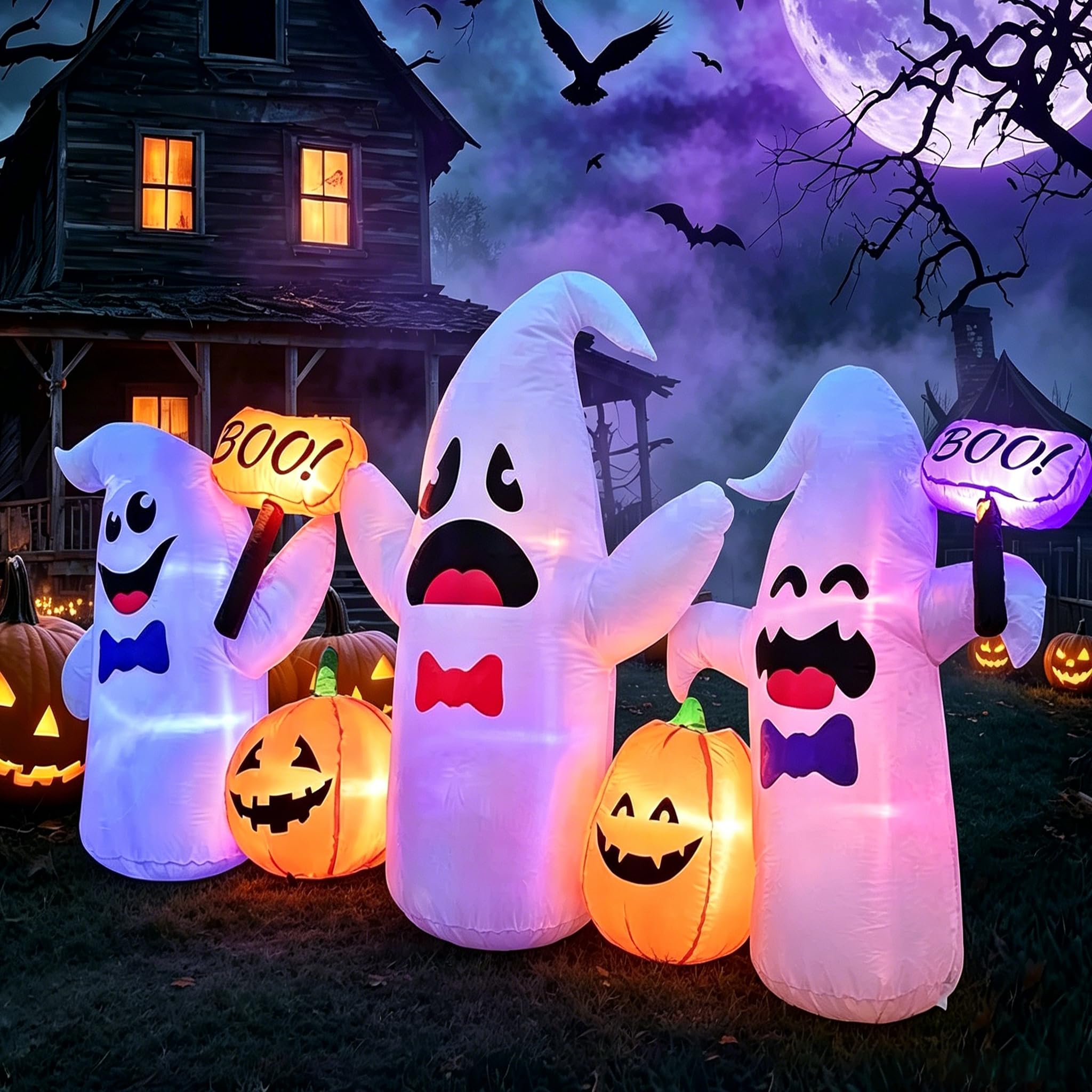 8 Ft Long Halloween Inflatable 3 Ghosts and Pumpkins Decorations Outdoor