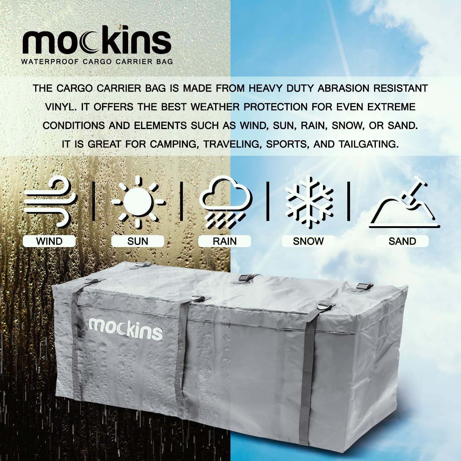 Mockins 100% Waterproof Gray Hitch Rack Cargo Carrier Bag 57" x 19" x 24" Made of Heavy Duty Abrasion Resistant Vinyl Soft-Shell Cargo Box Protected in All Weather Elements : Automotive