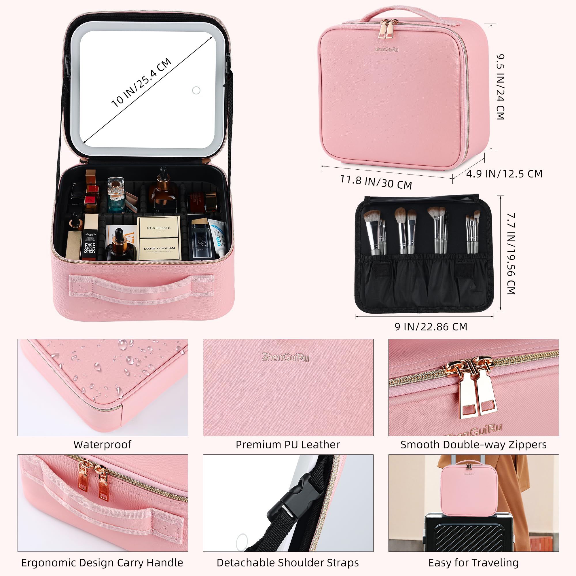Travel Makeup Bag with LED Mirror – Waterproof Cosmetic Train Case with Adjustable Dividers, Portable Makeup Organizer and Toiletry Bag for Women, Teens & Girls Gift, BagCosPink, Cosmetic Bag With Led 1