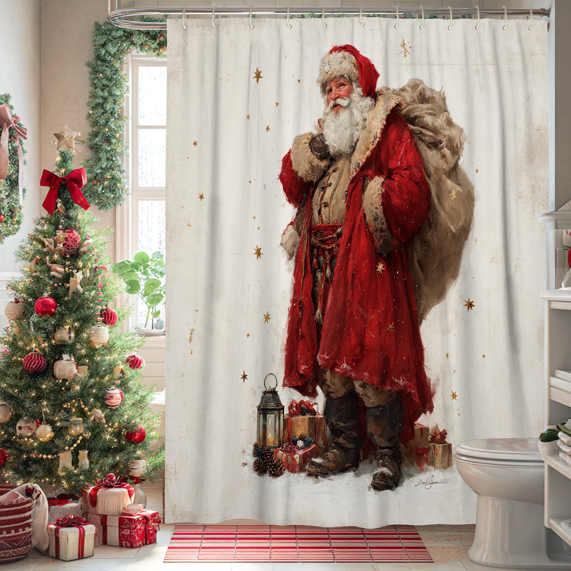 Rideau de douche extra long Père Noël 183x243 cm lavable avec crochets pour salle de bain festive