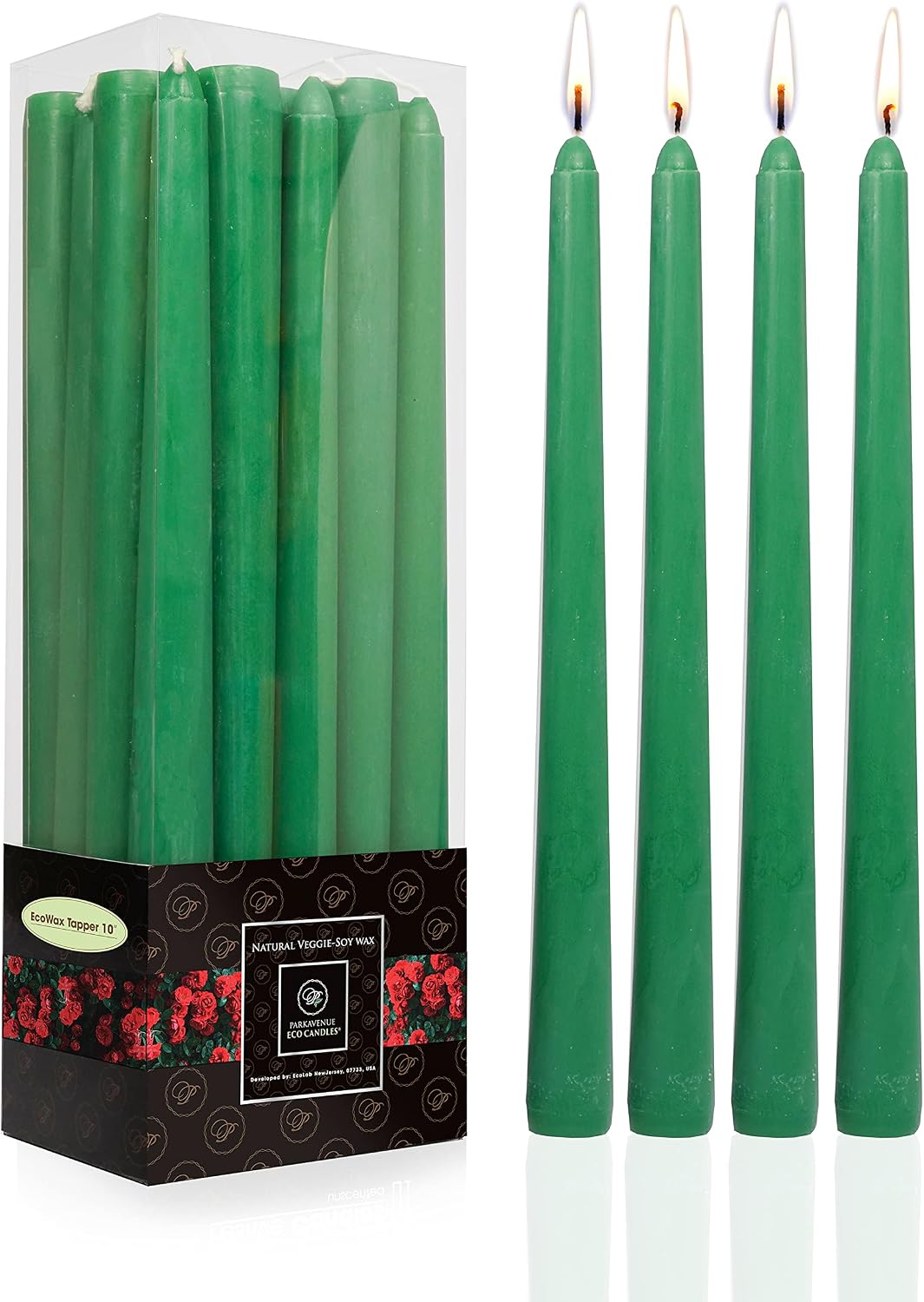 Organic CocoSoy Taper Candles - 10 inch Tall 8 Hour Long Burning Dripless, Smokeless, Coconut-Soy Wax Botanical Candles for Romantic Dinner, Wedding, Party. Bulk Pack of 20 Green Candles