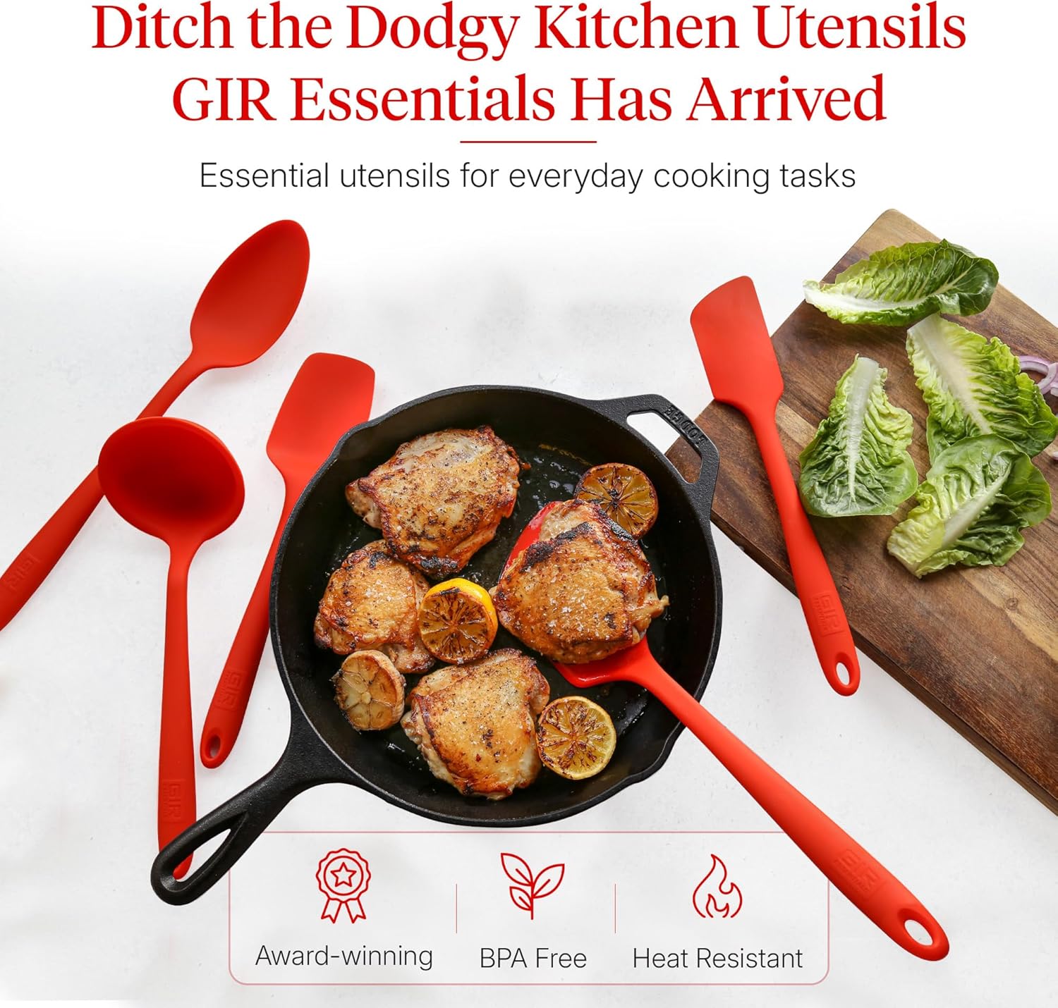 GIR: Get It Right 5-Piece Silicone Essentials Kitchen Utensils Set - Ladle, Spatula, Flip, Spoon & Spoonula - Non-Toxic Cooking Utensils for Nonstick Cookware, Cooking and Baking - Fire Red Fire Red 5 - Piece Set