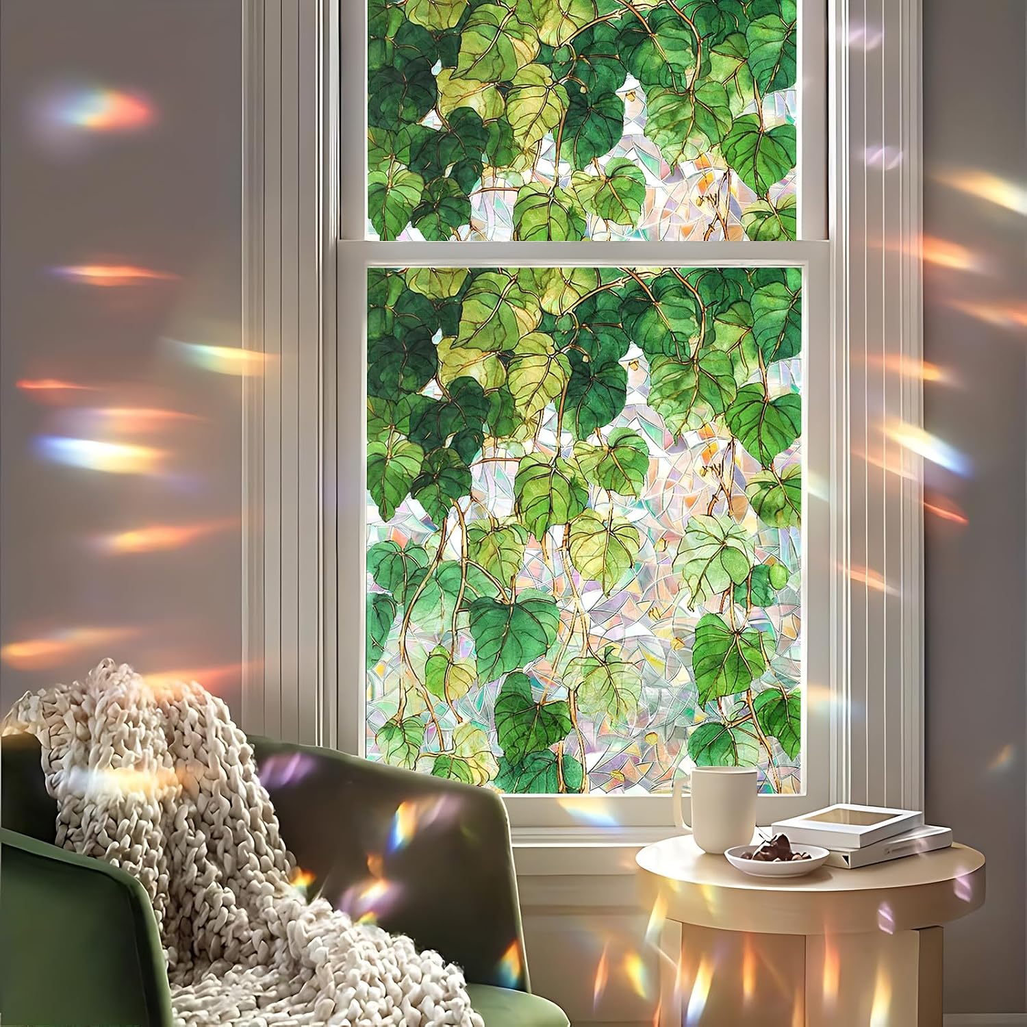 Window Privacy Film Rainbow, Decorative Window Sticker Static Cling Stained Glass Cling, Removable No Glue Green Ivy Window Film for Bathroom Bedroom Glass Door 17.5 x 39.3 inch