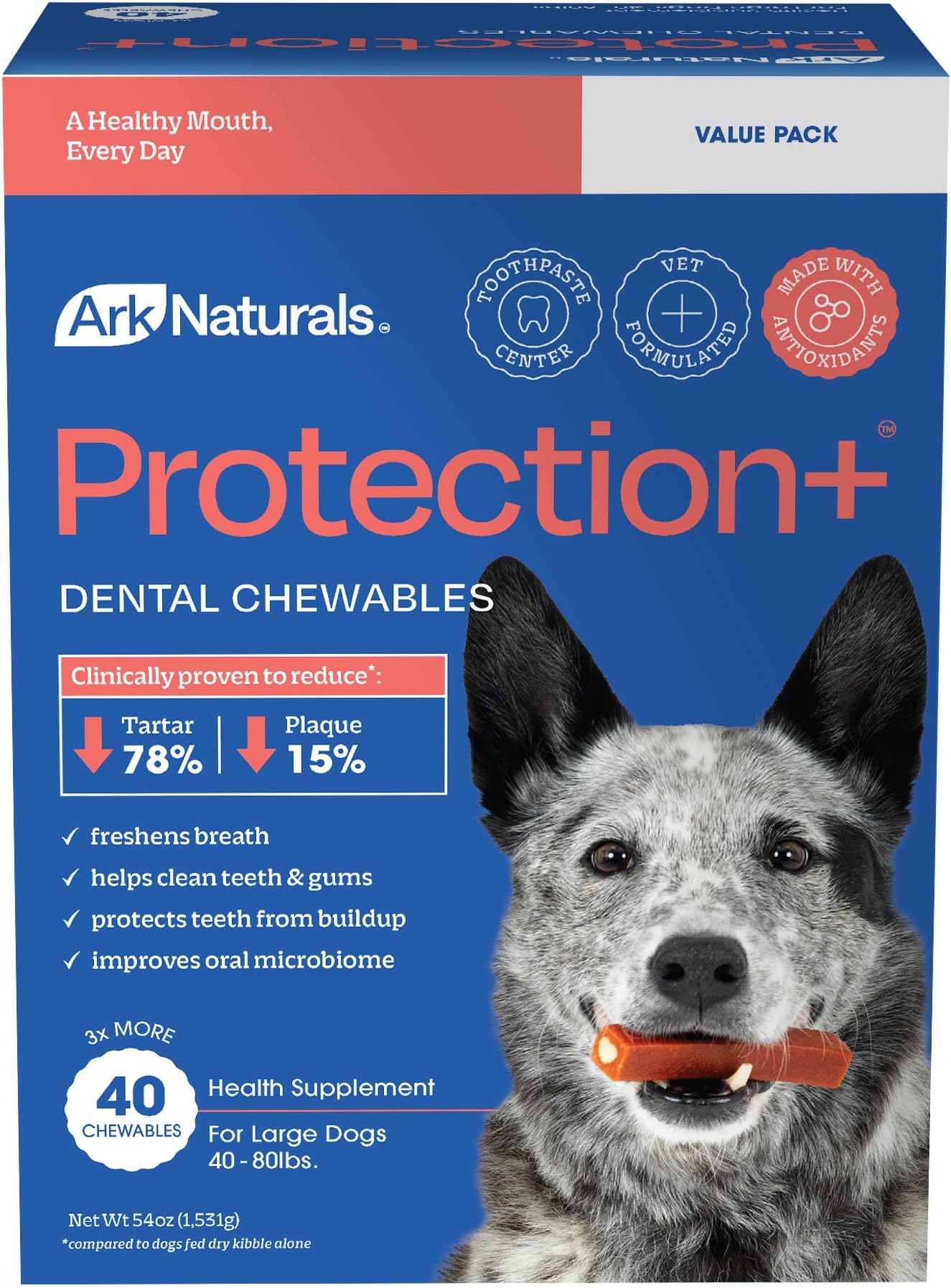 Protection+ Brushless Toothpaste โ Large Breeds, 54oz Bag โ Dog Dental Chew with Toothpaste Center โ Prevent Plaque & Tartar and Freshen Breath with Dental Chews for Dogs