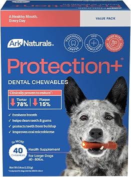 Ark Naturals Protection+ Brushless Toothpaste Chews - Large Breeds 40 ct | Vet Formulated Dog Dental Chew with Toothpaste Center - Freshens Breath and Prevents Plaque & Tartar