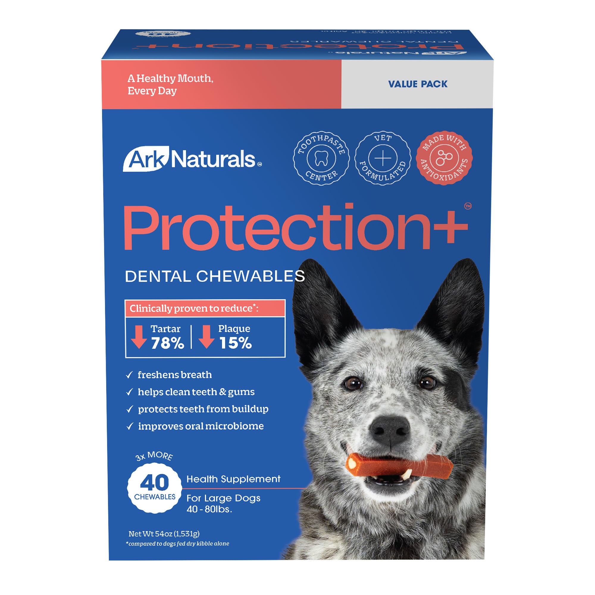 Ark Naturals Protection+ Pasta de dientes sin escobillas, masticables dentales para perros para razas grandes, evita la placa y el sarro, refresca el aliento, 54 onzas, 1 paquete, rojo, 54 onzas