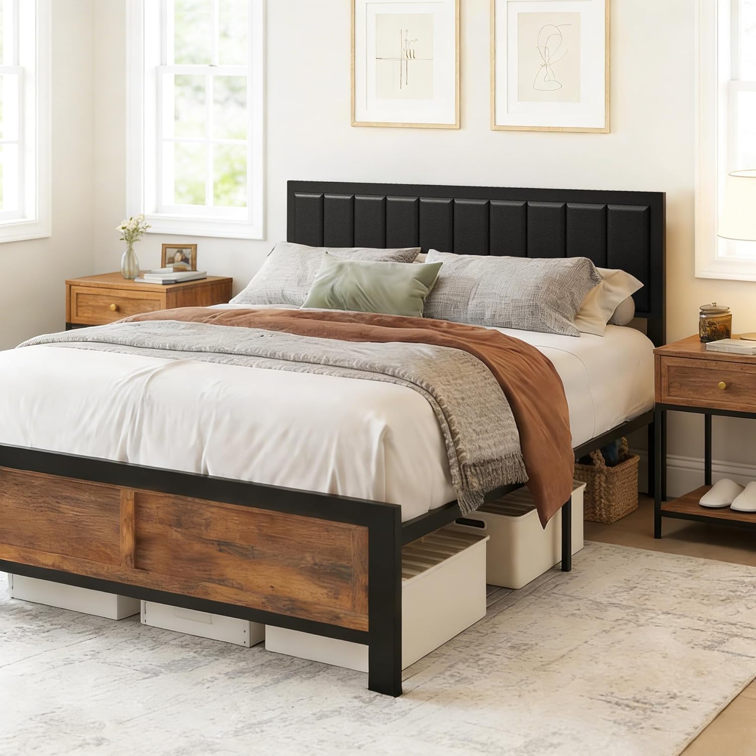 Vipbear Premium Queen Size Bed Frame with Headboard, Strong Metal Bed Frame, 1000lbs Heavy Duty, Pu Leather Headboard, No Box Spring Needed, Noise-Free, Easy Assembly, Black