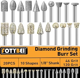 46-Grit and 120-Grit Diamond Grinding Burr Bits Set 1/8" Shank Compatible with Dremel Rotary Tool, 20Pcs Attachment Accessories Carving Burrs for Polishing, Grinding, Carving on Glass, Ceramic, Stone
