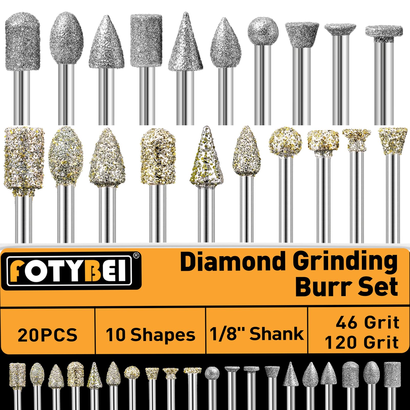 46-Grit and 120-Grit Diamond Grinding Burr Bits Set 20Pcs Compatible with Dremel Rotary Tool, Diamond Burrs with 1/8" Shank for Stone Glass Ceramic Grinding Carving and Polishing