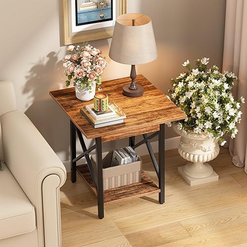 Miniatura 7 de GreenForest - Mesa auxiliar de 24 pulgadas para sala de estar, mesas laterales grandes cuadradas con estructura en X, mesita de noche industrial