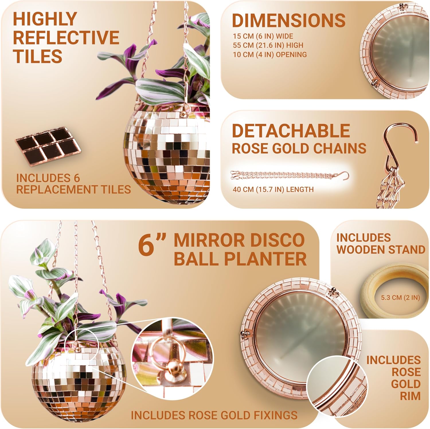 Bubblegum Stuff - Rose Gold Disco Ball Hanging Planter - Hanging Basket for Indoor Plants, Rose Gold Chain, Rose Gold Rim, Herb Planter, Hanging Plant - Hanging Plant Pots - Room Decor 6 inch