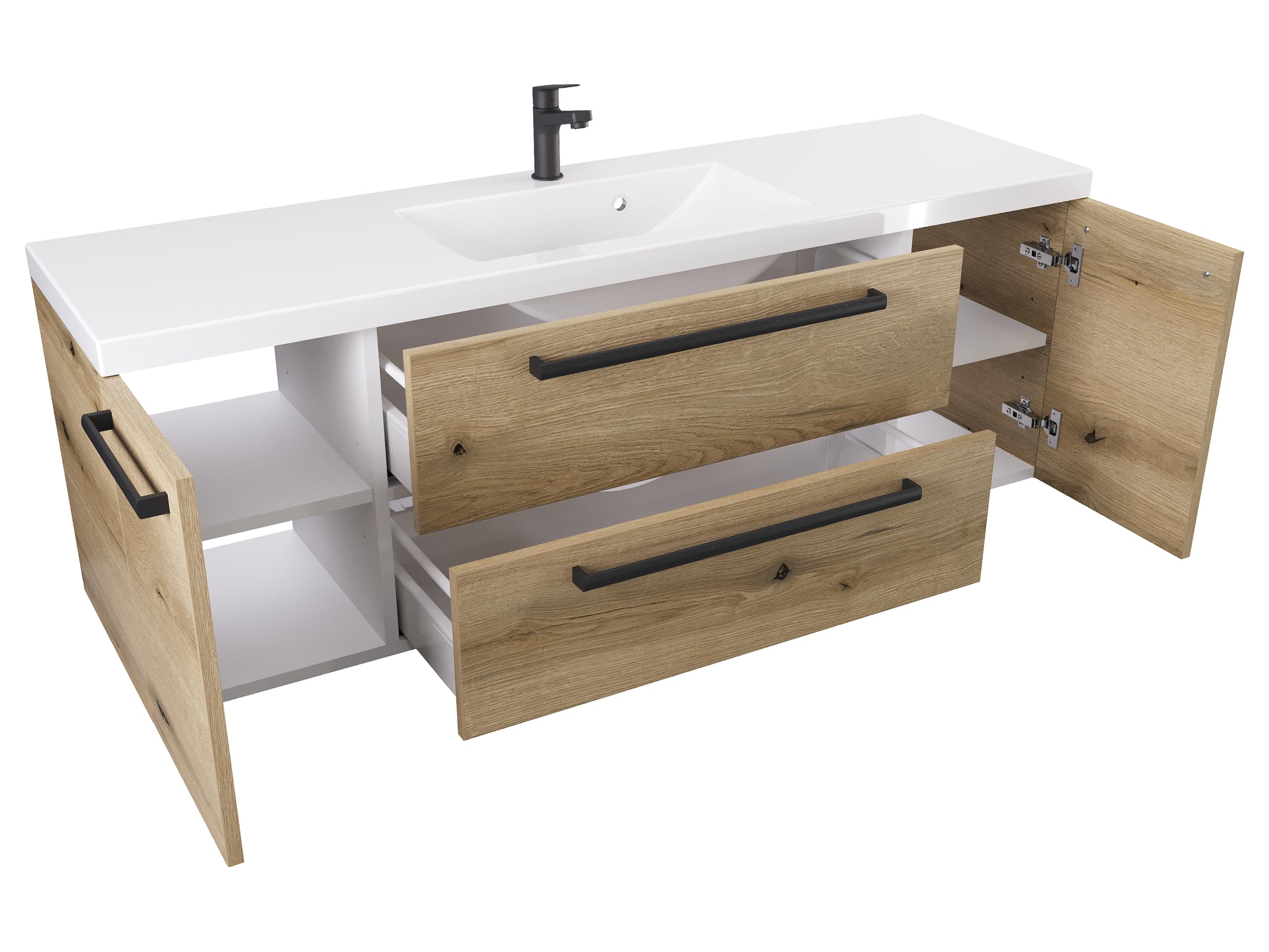 Badezimmer-Waschtischunterschrank 140 cm D ATH DC - Mattes Holzdekor - Schwarzer Mattgriff