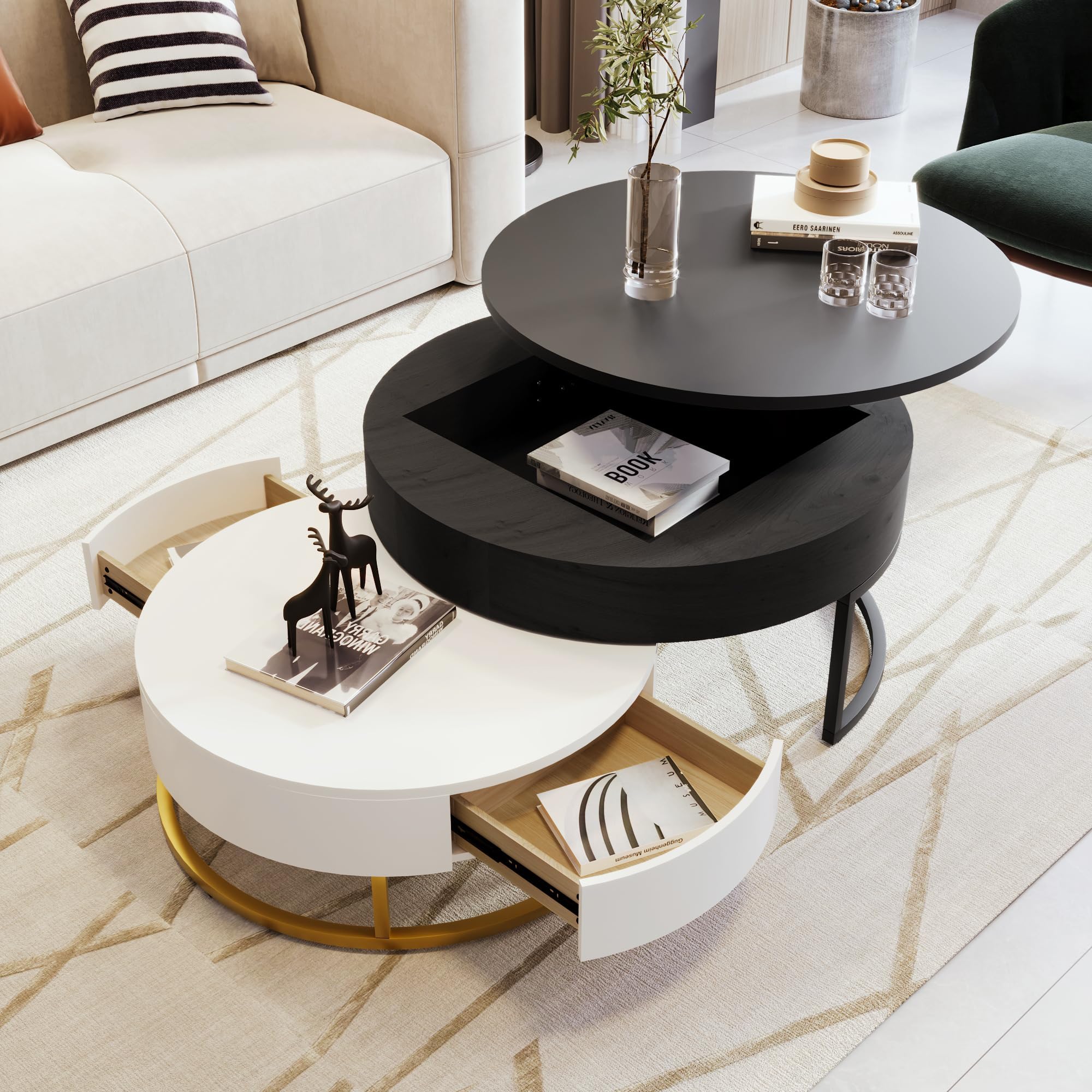 Amazon.com: Modern Round Lift-top Nesting Coffee Tables with 2 Drawers ...