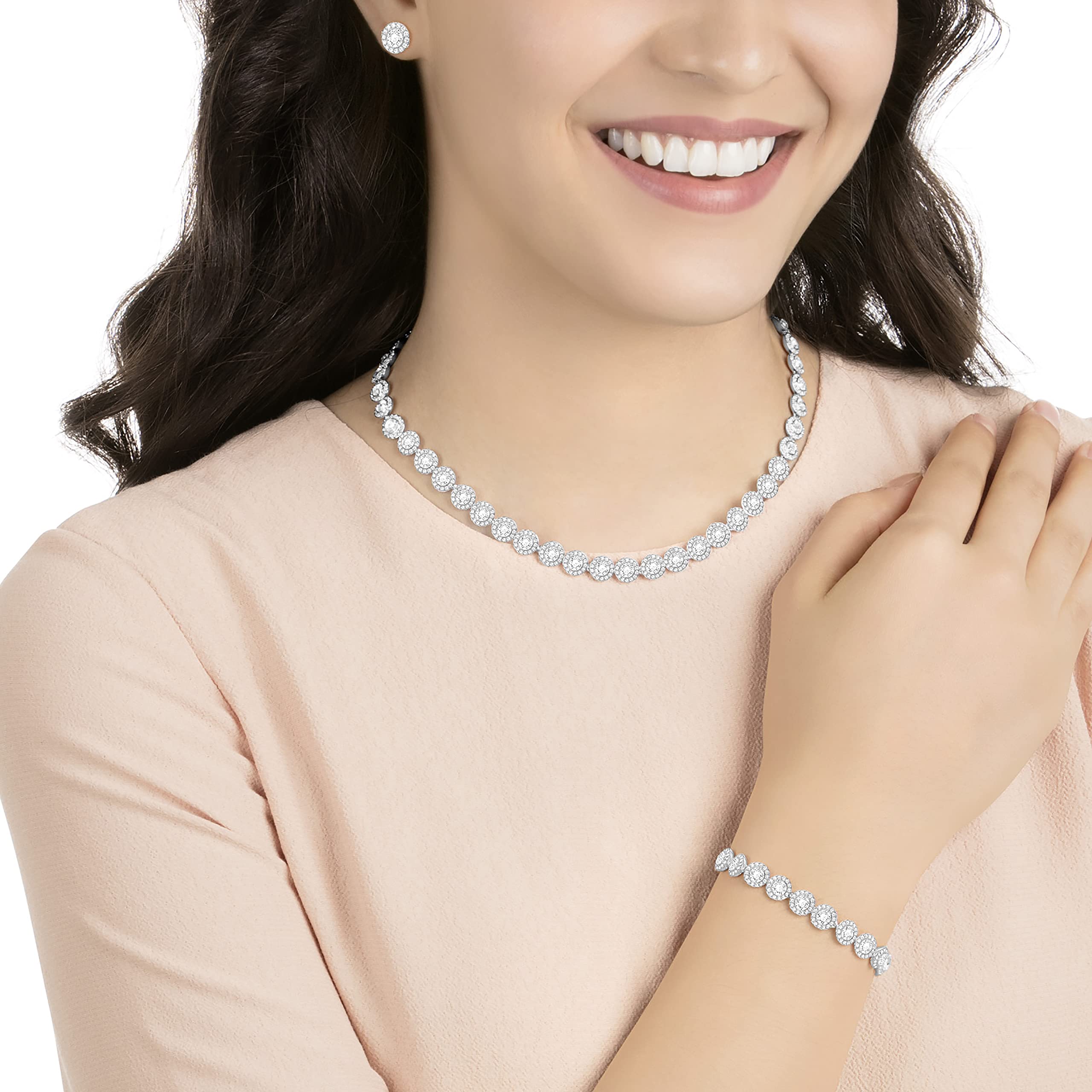 Swarovski Crystal Authentic Angelic All Around Set di collana, bracciale e orecchini, bianco, finitura rodio- gioielli da donna ipoallergenici scintillanti - collezione di gioielli in cristallo senza