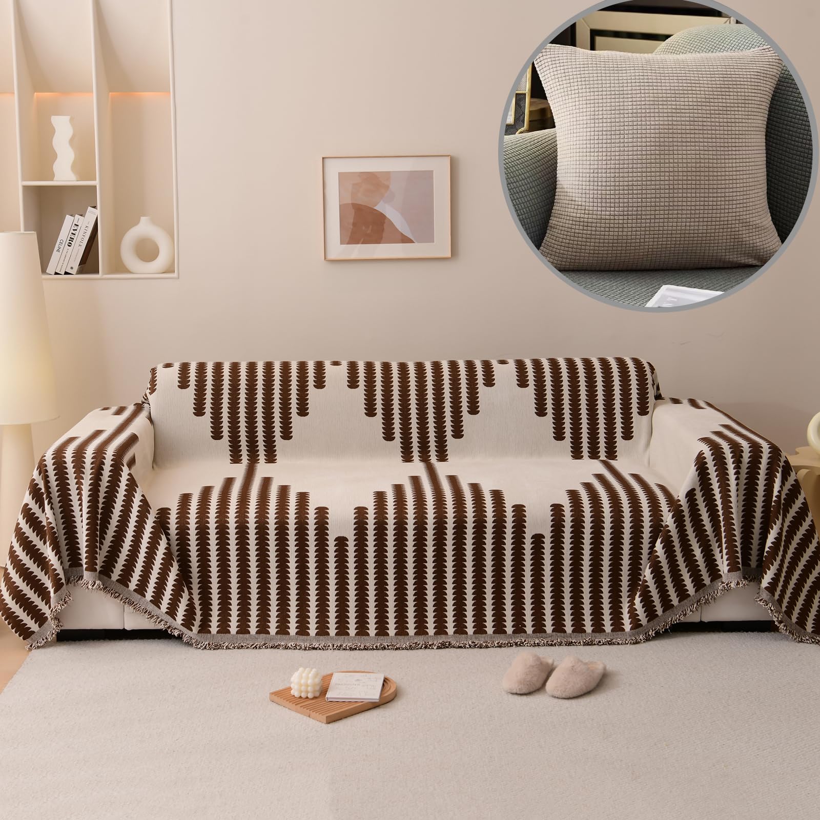 ele ELEOPTION Couch Cover Blankets for Sofa Backrest Futon Cover with Arms Jacquard Chenille SlipCover for Dog Cat Pet Furniture Protector with Tassel (71" x 134", Coffee)