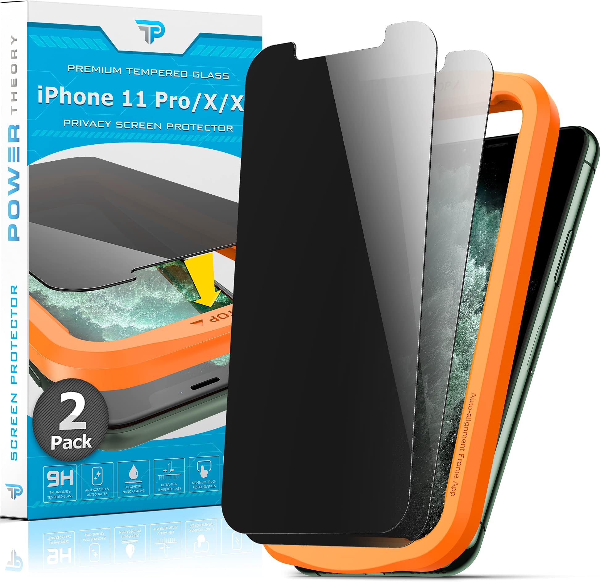 Power Theory Designed for iPhone X, iPhone Xs Privacy Screen Protector Tempered Glass Anti Spy protection [9H Hardness], Easy Install Kit, 99% HD Bubble Free Case Friendly, 2 Pack