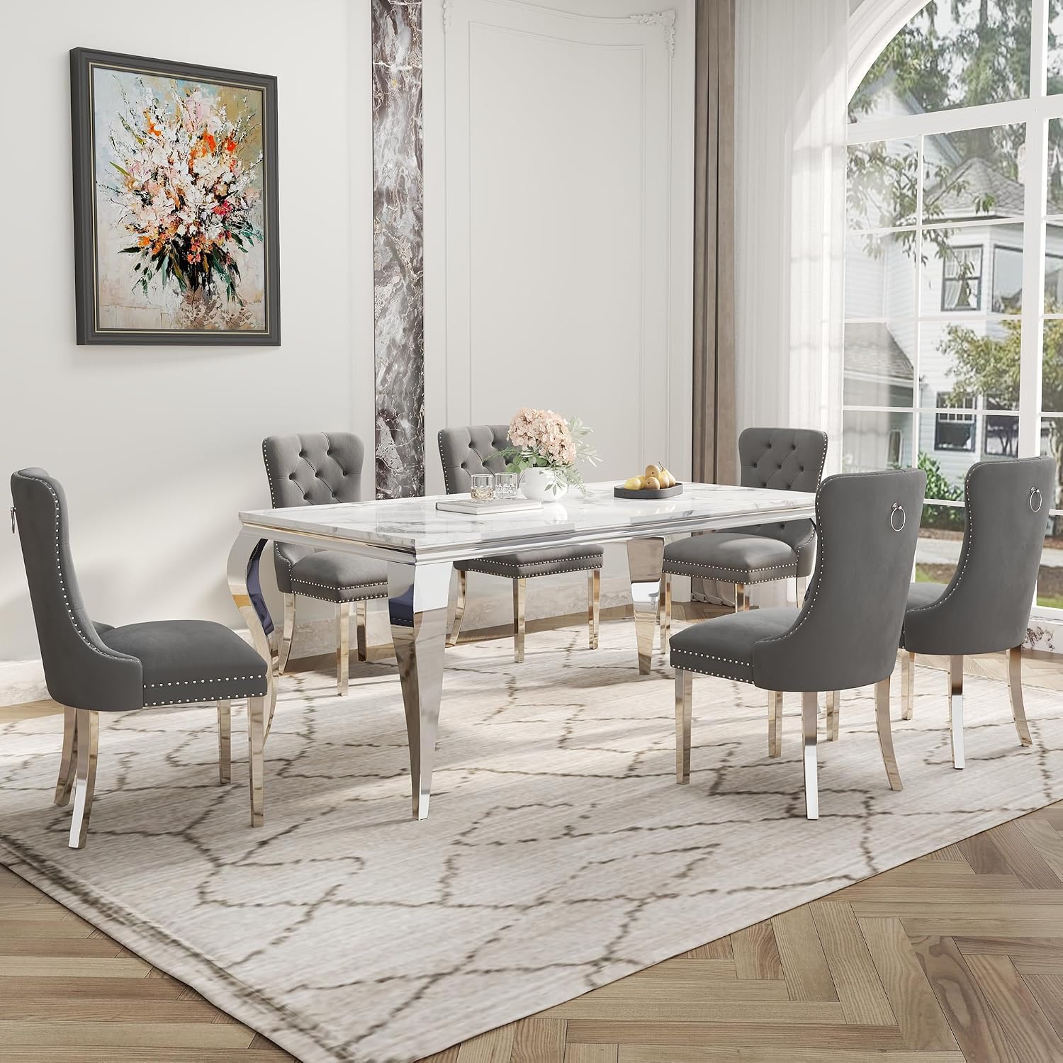 Amazon.com - Modehodei 7-Piece Dining Table Set for 6, Faux Marble ...