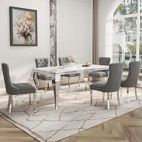 Miniatura 31 de Juego de mesa de comedor de 7 piezas para 6, juego de mesa de comedor de mármol sintético con mesa de comedor de mármol de 70 pulgadas y 6 sillas de