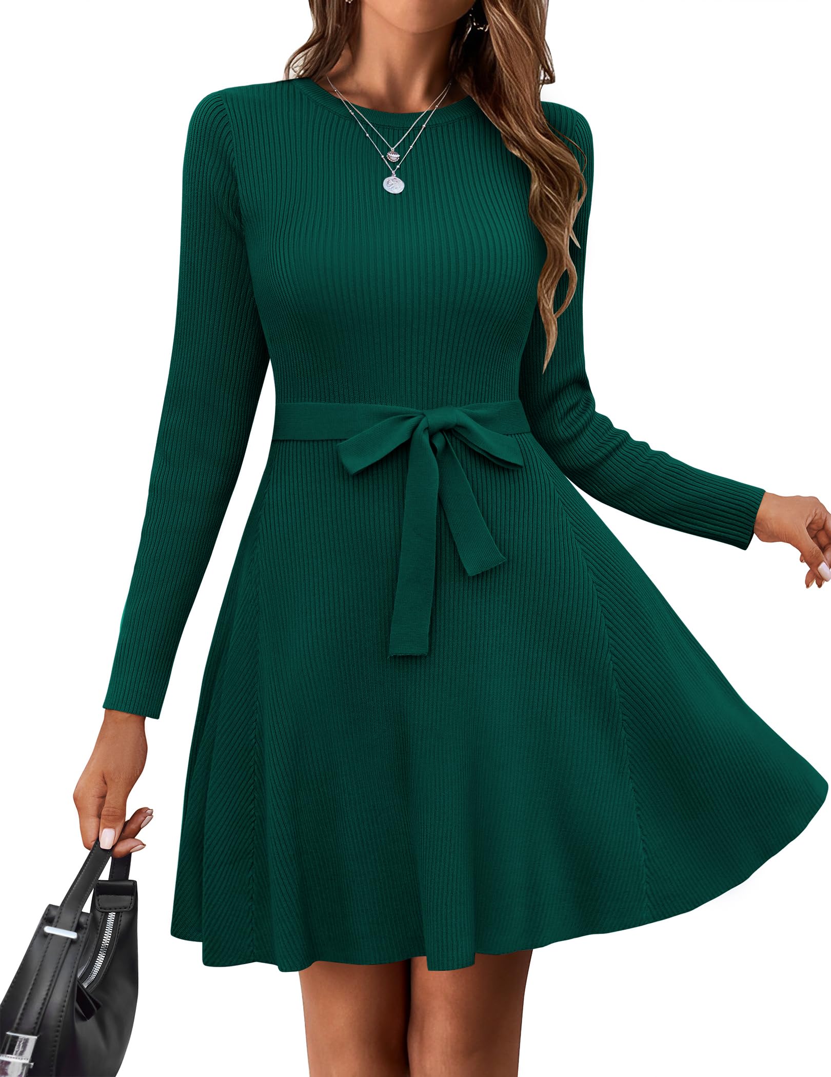 HOTOUCH Womens Fall Winter Casual Dress Crewneck Long Sleeve A-Line Sweater Dress Bodycon Ribbed Knit Dress with Belt
