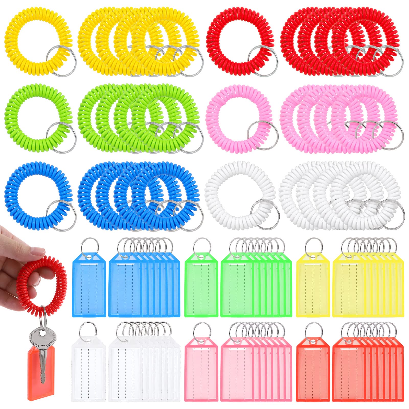 Tanstic 78Pcs 6 Colors Tough Plastic Key Tags and Stretchy Keychain Bracelet Kit, Plastic Key Label with Split Ring and Label Window Key Chain Tags