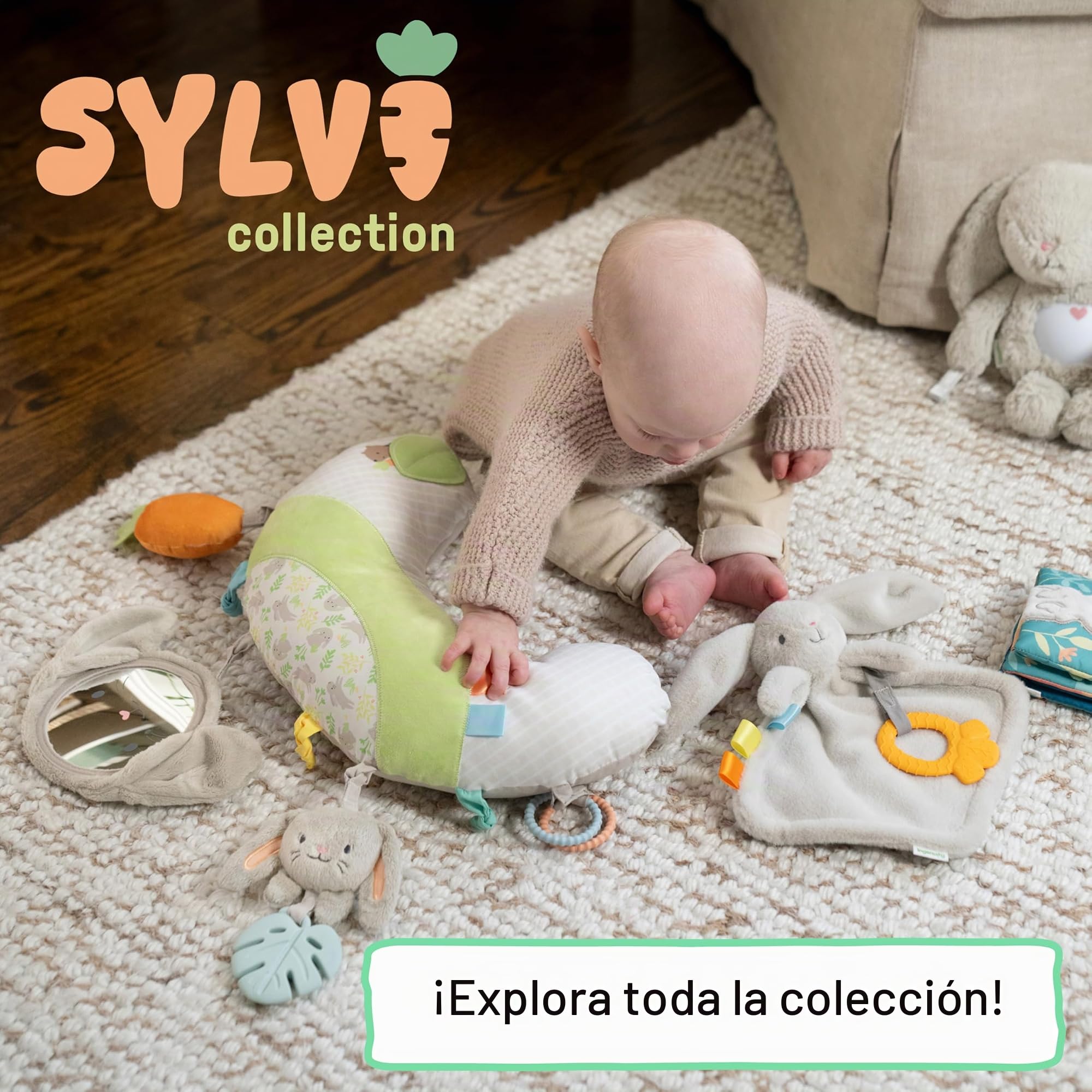 Ingenuity, Cojín para el Tiempo Boca Abajo Cozy Prop Sylvi, Multisensorial con 4 Juguetes Desmontables, Estimula el Desarrollo y la Coordinación, Suave Conejito de Peluche, Desde Recién Nacidos